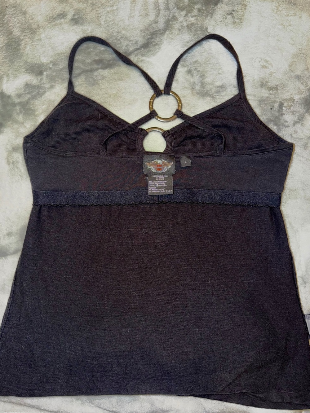 Vintage Harley-Davidson Black halter w/Ring Accents, Logo, & built-in bra. - Picture 6 of 12